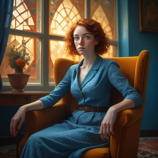 Prompt: (woman with (freckled hair), (blue eyes)), (sitting in a chair), (neoplasticism style), (character portrait), (soft focus f/32), (artistic masterpiece), (vibrant color palette), intricate geometric shapes, (dramatic lighting), warm ambiance, high-quality HD, detailed expressions, engaged posture, elegant surroundings, captivating composition showcasing individuality.