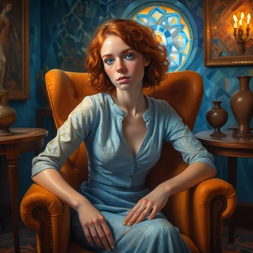 Prompt: (woman with (freckled hair), (blue eyes)), (sitting in a chair), (neoplasticism style), (character portrait), (soft focus f/32), (artistic masterpiece), (vibrant color palette), intricate geometric shapes, (dramatic lighting), warm ambiance, high-quality HD, detailed expressions, engaged posture, elegant surroundings, captivating composition showcasing individuality.