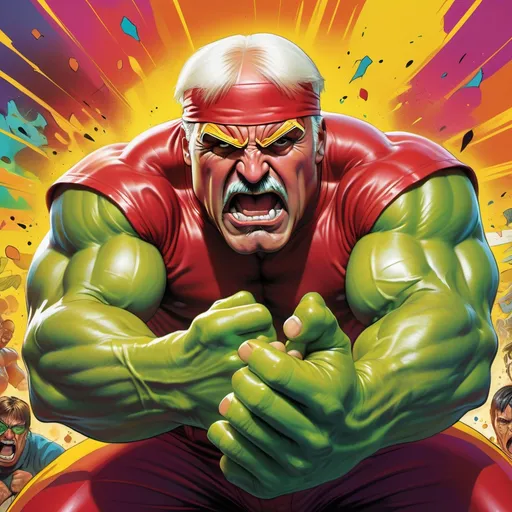 Prompt: (incredible smush face man), (Hulk Hogan looming), dramatic posture, action-packed scene, colorful background, vibrant comic book style, exaggerated facial features, high contrast lighting, cheerful atmosphere, ultra-detailed, dynamic expressions, engaging visual narrative, bright colors, playful energy, playful tension between characters, imaginative composition.