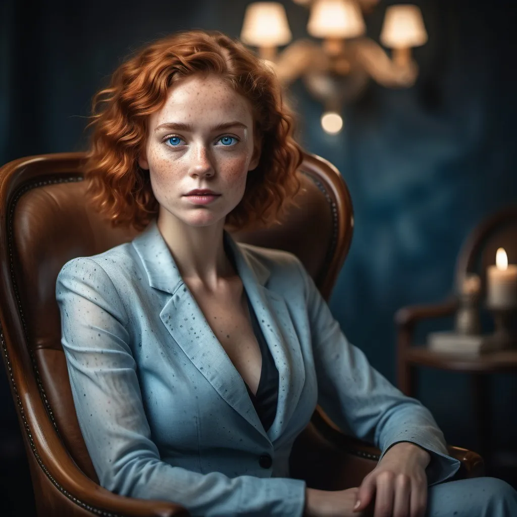 Prompt: character portrait of a woman with (freckled hair) and (blue eyes), sitting elegantly in a stylish chair, inspired by (Claire Falkenstein), showcasing neoplasticism, infused with modern artistic elements, soft focus f/3.2 aperture, rich textures, dramatic lighting, captivating ambiance, (4K) ultra-detailed, high-quality depiction.