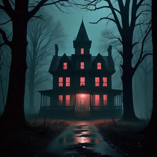 Prompt: (1980s horror movie), eerie atmosphere, retro aesthetics, (vintage film grain), shadowy lighting, ominous woods, creeping fog, chilling tension, (vibrant color palette), nostalgic details, haunting silhouettes, terrifying creatures lurking, suspenseful ambiance, capturing the essence of classic horror, high detail, (cinematic masterpiece), dramatic contrasts, perfect for evoking nostalgia and fear.