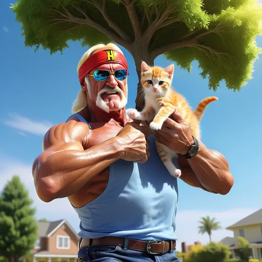 Prompt: (human figure) Hulk Hogan, (action pose) heroically rescuing a cute kitten from a tree, (dynamic and dramatic scene), (bright) warm colors, (playful and cheerful atmosphere), (detailed backyard setting) with lush green grass and a vibrant blue sky, (highly detailed) 4K quality, (photo-realistic) hyper-realistic imagery, showcasing both the strength and tenderness in the scene.