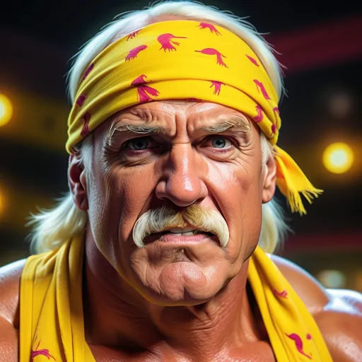 Prompt: (Hulk Hogan) standing confidently, his iconic mustache displayed prominently, sporting a signature yellow bandana and tank top, (incredible smush face man) in the foreground with a humorous expression, vibrant colors, high contrast lighting, playful atmosphere, dynamic background, detailed textures, 4K resolution, ultra-detailed, cartoonish style.