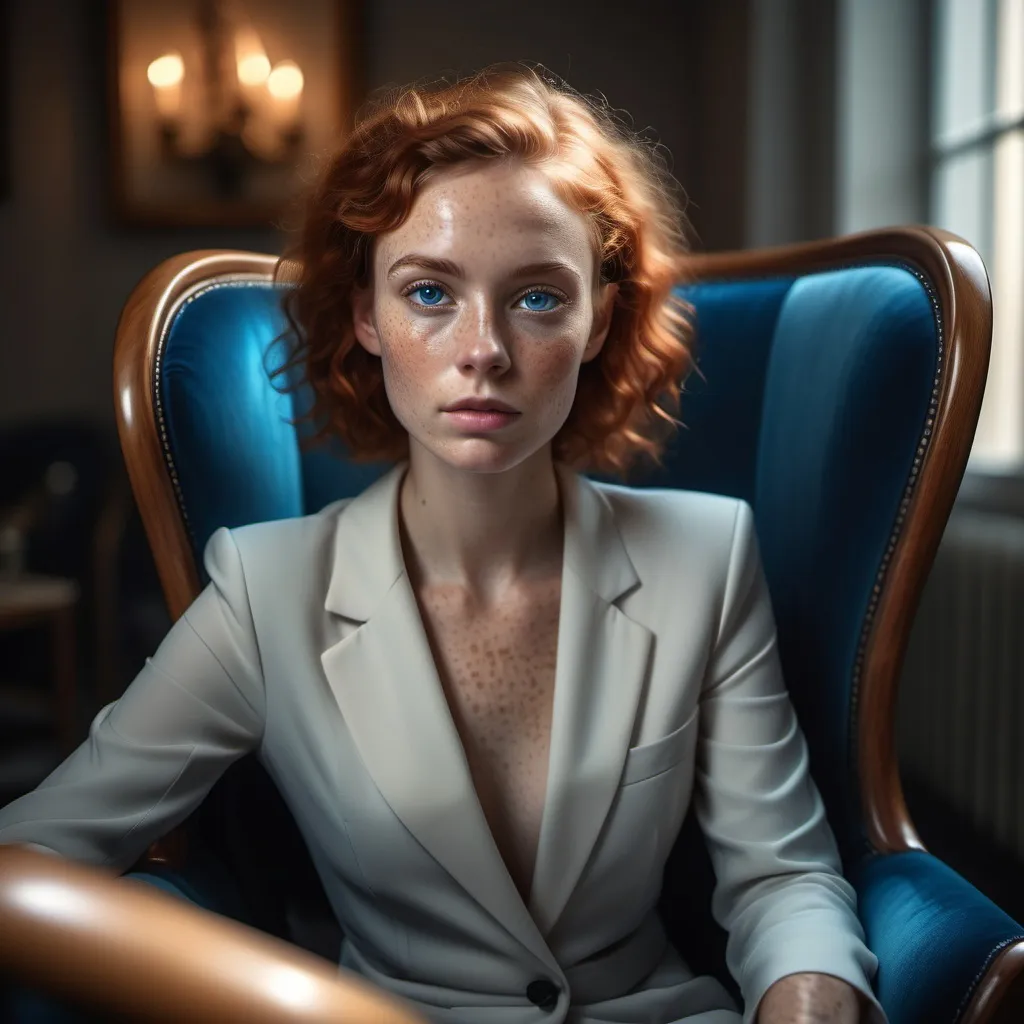 Prompt: character portrait of a woman with (freckled hair) and (blue eyes), sitting elegantly in a stylish chair, inspired by (Claire Falkenstein), showcasing neoplasticism, infused with modern artistic elements, soft focus f/3.2 aperture, rich textures, dramatic lighting, captivating ambiance, (4K) ultra-detailed, high-quality depiction.