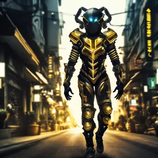 Prompt: realistic italian like man white skin retarded shy smiling face,  in futuristic scorpion like armor (black and gold colored), full body, riding a motorcycle, dark atmosphere, futuristic city/forest background.