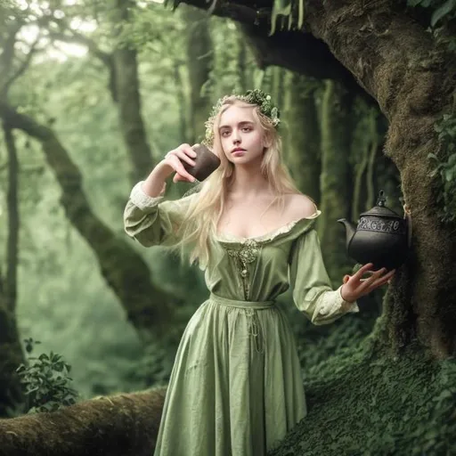 Prompt: blonde hair, white palide skin, green eyes, green normal dress, stuning, amazing, sensual, gracefull girl, serving tea, not showing hands, besides a medieval hut, in the forest,  happy cozy atmosphere, fantasy, dark atmosphere