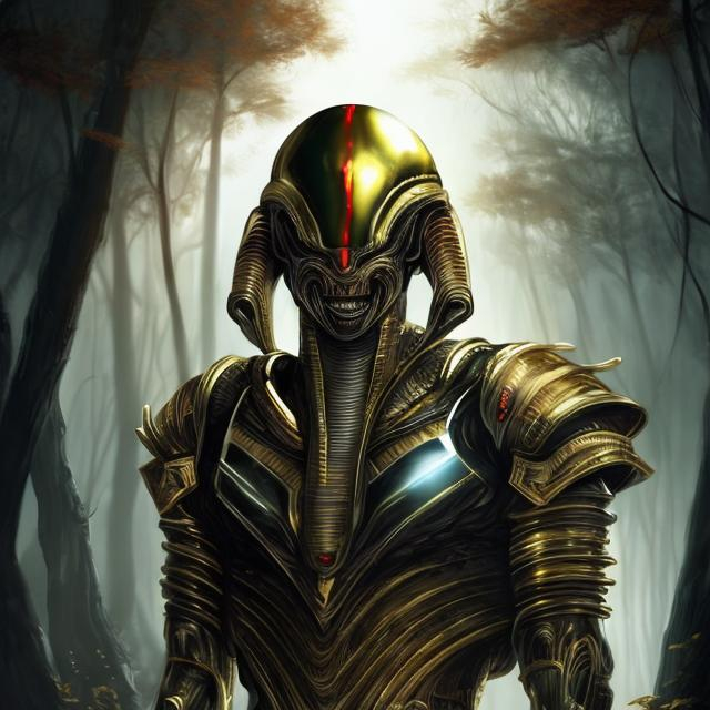 Prompt: realistic italian like man white skin retarded shy smiling face,  in futuristic alien egyptian like armor (black and gold colored with red aura), mid body,  dark atmosphere, futuristic forest background.