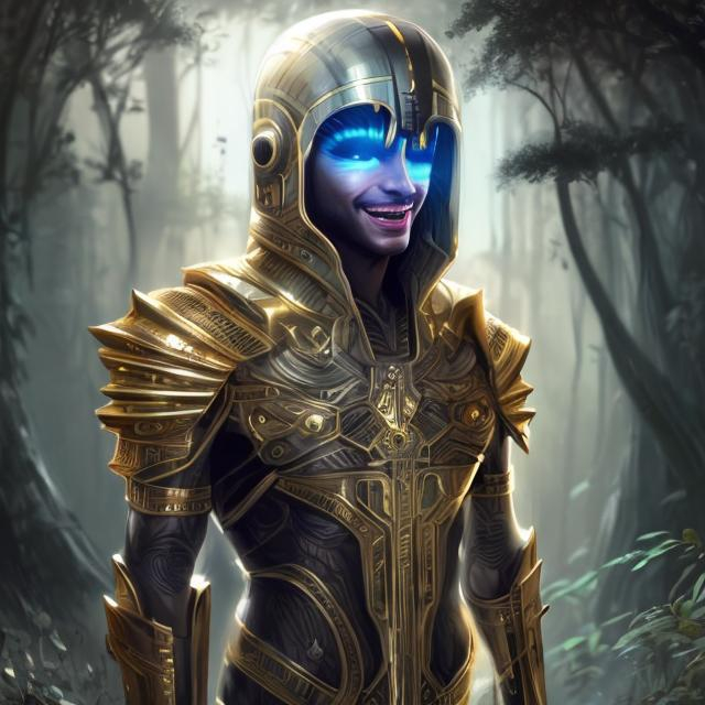 Prompt: realistic italian like man white skin retarded shy smiling face,  in futuristic egypitian like armor (black and gold colored), midy body,  dark atmosphere, futuristic forest background.