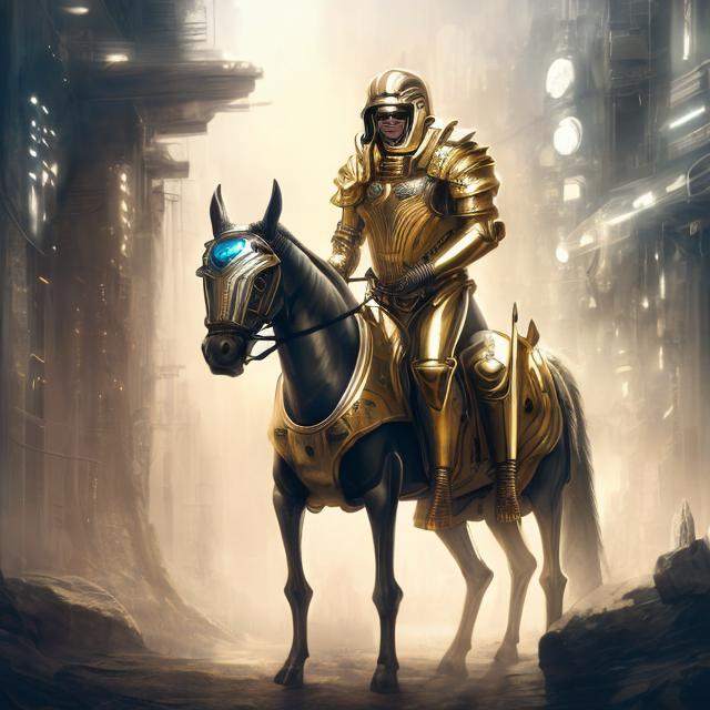 Prompt: realistic italian like man white skin retarded shy smiling face,  in futuristic egypitian like armor (black and gold colored), full body, riding a mechanic horse, dark atmosphere, futuristic city/forest background.