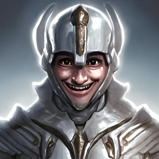 Prompt: realistic Oswaldo retarded shy smiling  (italian like man white skin) with full ancient alien like armor 