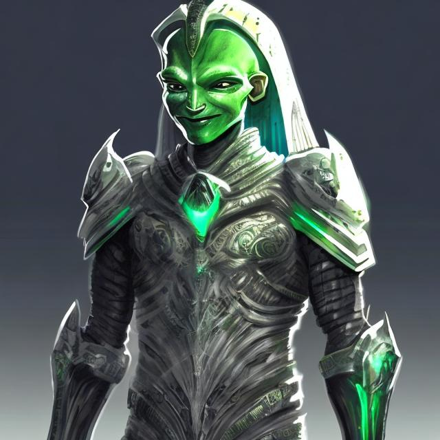 Prompt: realistic Oswaldo retarded shy smiling  (italian like man white skin) with full ancient egiptian futuristic alien like armor ( black and green colored) mid body 