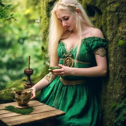 Prompt: blonde hair, white palide skin, green eyes, green celtic dress, stuning, amazing, sensual, gracefull girl, serving tea, into a medieval hut, in the forest,  happy cozy atmosphere, fantasy atmosphere