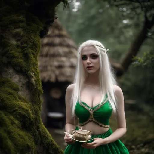 Prompt: white blonde hair, white palide skin, green eyes, green fantasy normal dress, stuning, amazing, sensual girl, serving tea, inside a medieval hut, in the forest, dark happy cozy atmosphere, fantasy   