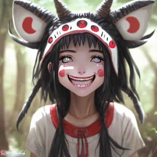 Prompt: realistic mononoke hime female smiling happy   (latina like girl) 