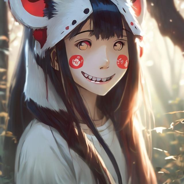 Prompt: realistic mononoke hime female shy smiling  (asian like girl) 