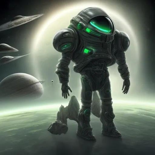 Prompt: realistic italian like man white skin retarded, shy smiling,  in ancient futuristic alien like armor (black and green colored), mid body  dark atmosphere, landed space ship background.