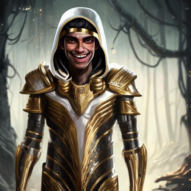 Prompt: realistic italian like man white skin retarded shy smiling face,  in futuristic egypitian like armor (black and gold colored), midy body,  dark atmosphere, futuristic forest background.