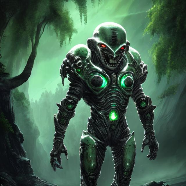 Prompt: realistic italian like man white skin retarded, shy smiling,   with full ancient futuristic alien like armor (black and green colored) mid body  dark atmosphere, forest background