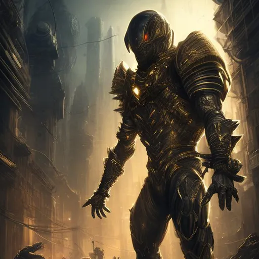 Prompt: realistic italian like man white skin retarded shy smiling face,  in futuristic scorpion like armor (black and gold colored), full body, weaving, dark atmosphere, futuristic city/forest background.