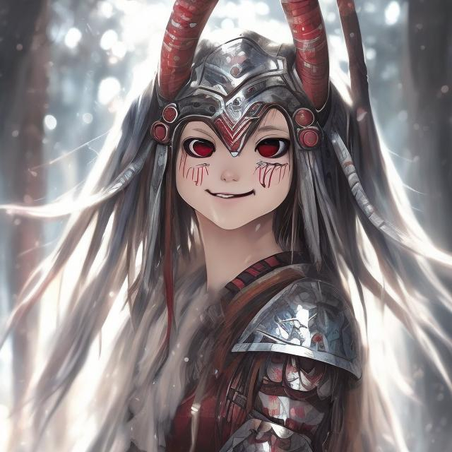 Prompt: realistic modern mononoke hime female shy smiling  (latina like girl) with full ancient armor 