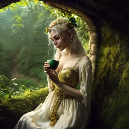 Prompt: Fruta D'ouro, white blonde hair, white palide skin, green eyes, green fantasy normal dress, stuning, amazing, sensual girl, serving tea, inside a medieval hut, in the forest, dark happy cozy atmosphere, fantasy   