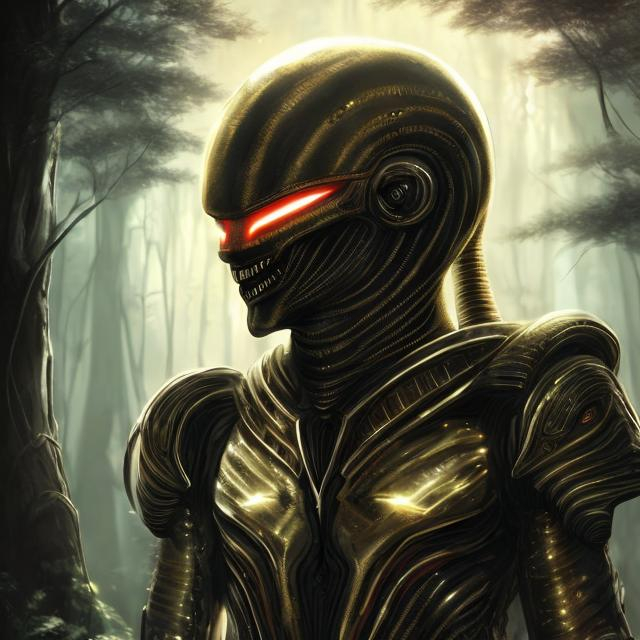 Prompt: realistic italian like man white skin retarded shy smiling face,  in futuristic alien egyptian like armor (black and gold colored with red aura), mid body,  dark atmosphere, futuristic forest background.