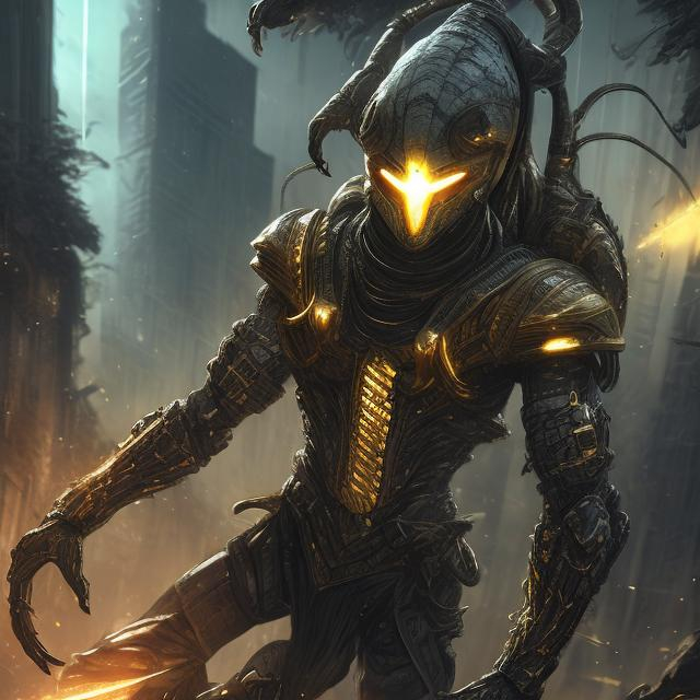 Prompt: realistic italian like man white skin retarded shy smiling face,  in futuristic scorpion like armor (black and gold colored), full body, weaving, dark atmosphere, futuristic city/forest background.