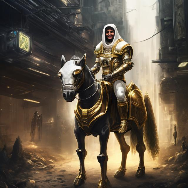 Prompt: realistic italian like man white skin retarded shy smiling face,  in futuristic egypitian like armor (black and gold colored), full body, riding a mechanic horse, dark atmosphere, futuristic city/forest background.