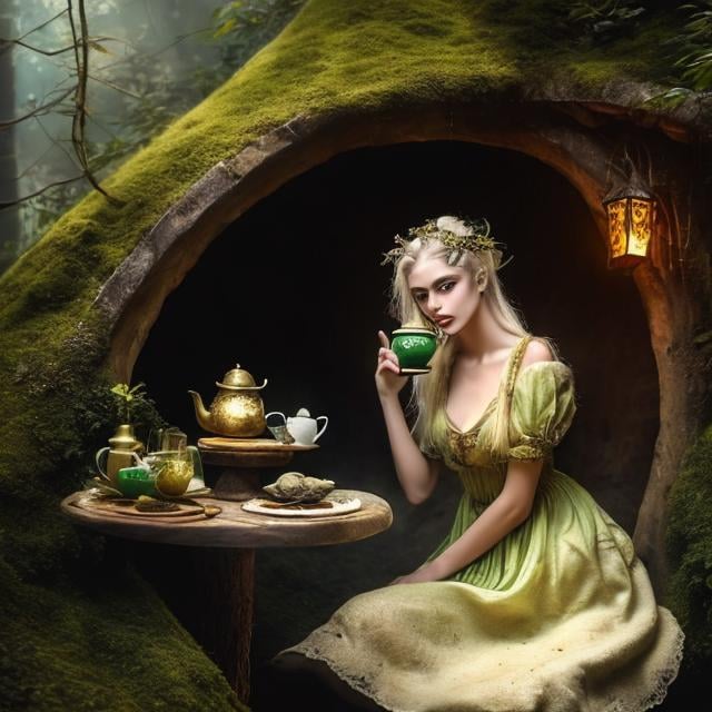Prompt: Fruta D'ouro, white blonde hair, white palide skin, green eyes, green fantasy normal dress, stuning, amazing, sensual girl, serving tea, inside a medieval hut, in the forest, dark happy cozy atmosphere, fantasy   