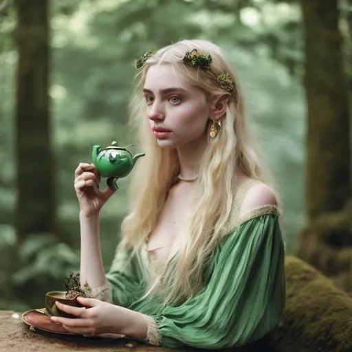 Prompt: blonde hair, white palide skin, green eyes, green normal dress, stuning, amazing, sensual, gracefull girl, serving tea, not showing hands, besides a medieval hut, in the forest,  happy cozy atmosphere, fantasy, dark atmosphere