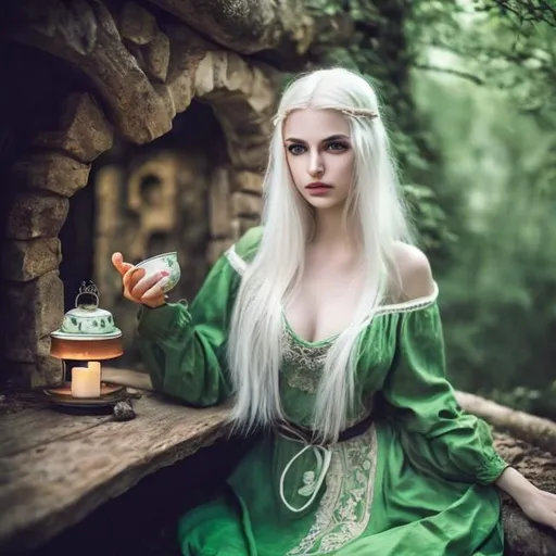 Prompt: white blonde hair, white palide skin, green eyes, green fantasy normal dress, stuning, amazing, sensual girl, serving tea, inside a medieval hut, in the forest, dark happy cozy atmosphere, fantasy   