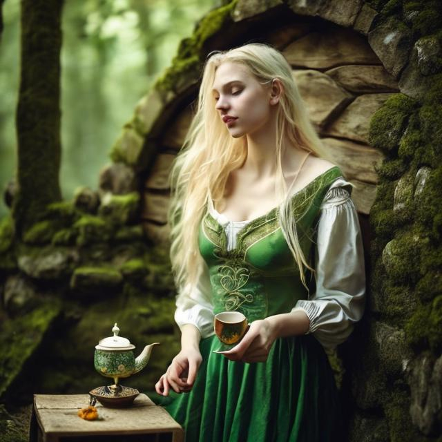 Prompt: blonde hair, white palide skin, green eyes, green celtic dress, stuning, amazing, sensual, gracefull girl, serving tea, into a medieval hut, in the forest,  happy cozy atmosphere, fantasy atmosphere