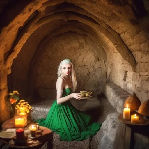 Prompt: Fruta D'ouro, white blonde hair, white palide skin, green eyes, green dress, stuning, amazing, sensual girl, serving tea, smiling, inside a medieval hut, in the forest, dark happy cozy atmosphere  