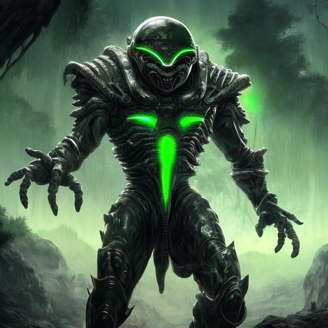 Prompt: realistic italian like man white skin retarded, shy smiling,   with full ancient futuristic alien like armor (black and green colored) mid body  dark atmosphere, forest background