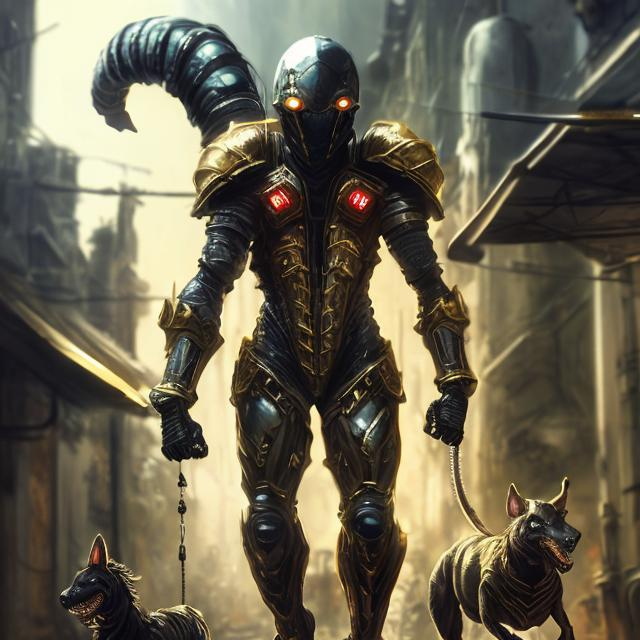 Prompt: realistic italian like man white skin retarded shy smiling face,  in futuristic scorpion like armor (black and gold colored), full body, riding a mechanic dog like horse, dark atmosphere, futuristic city/forest background.