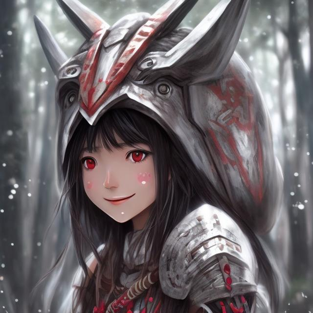 Prompt: realistic modern mononoke hime female shy smiling  (latina like girl) with full ancient armor 