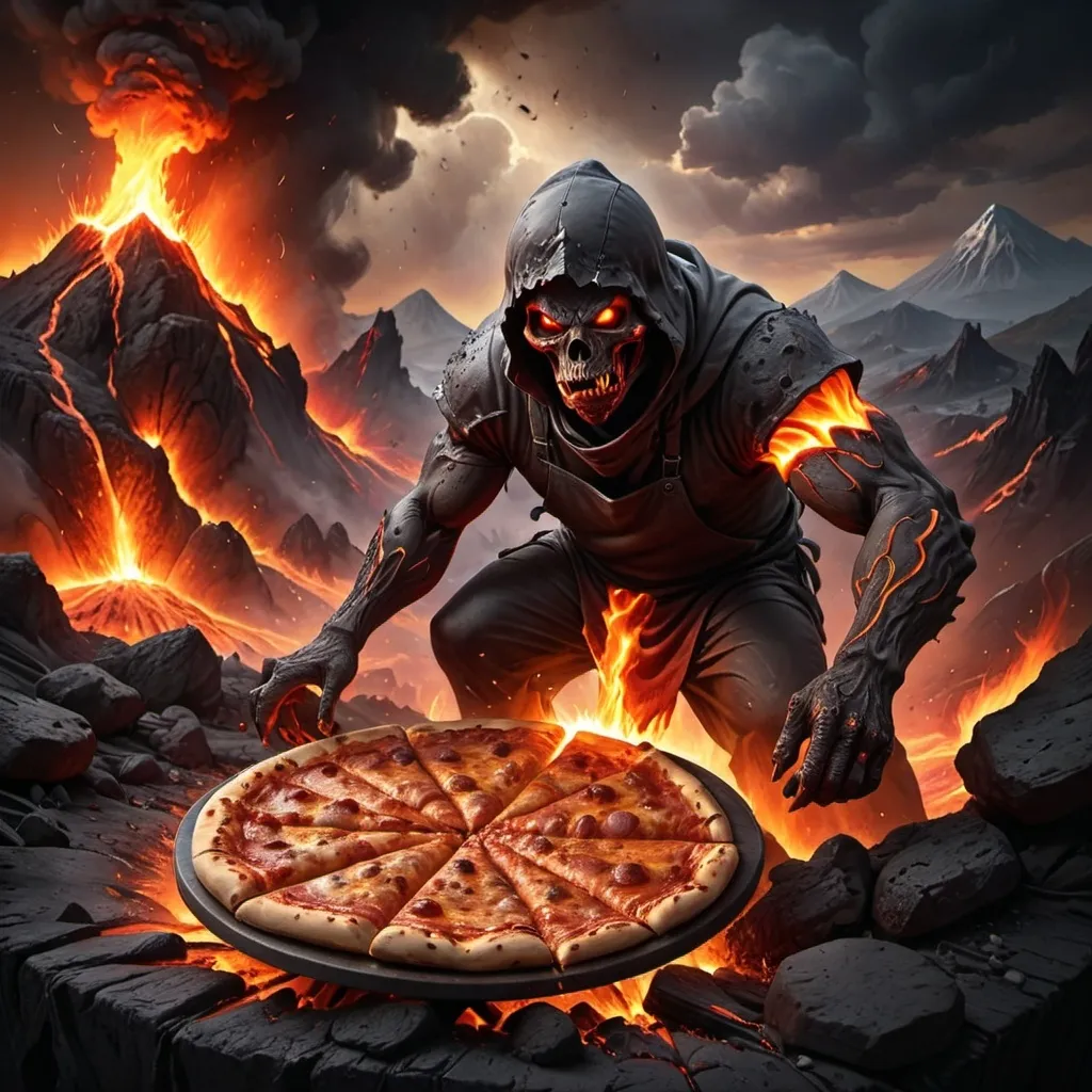 Prompt: (diseño para caratula de cd, pizzaiolo caminando hacia la lucha en la montaña infernal, armado con su pala de pizza, su delantal, gorro de cocina), dark and dramatic lighting, intense reds and oranges with fiery highlights, high contrast, epic and adventurous atmosphere, detailed and dynamic background with volcanic elements and jagged rocky terrain, ultra-detailed, cinematic, 4K quality, glowing embers in the air, dramatic clouds, visually striking composition