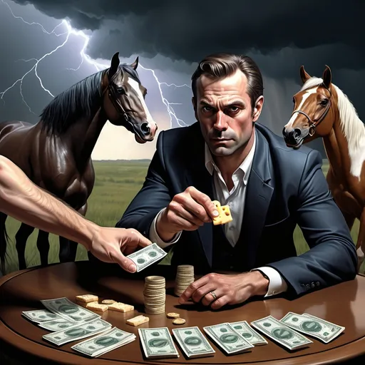 Prompt: a man with a ring on his finger giving a power cheese ring to dominate the table of black jack in front of him, to the other hand a package of money, behind him, 2 very strong horses ramping in the thunderstorm