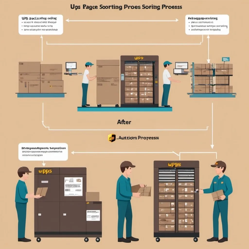 Prompt: Diagram the package sorting process at UPS before and after automation in explaining way
.
