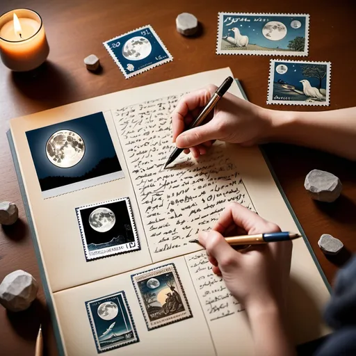 Prompt: Image showing hobbies of stamp collection Writing poems and watching Moon 