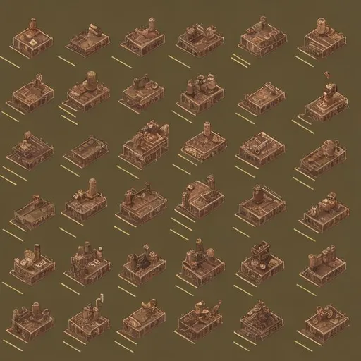 Prompt: Isometric steampunk sprite sheet