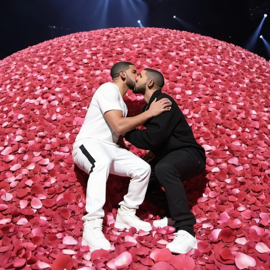 Prompt: Drake and Kendrick Lamar are kissing on the top of a gigantic flower petal