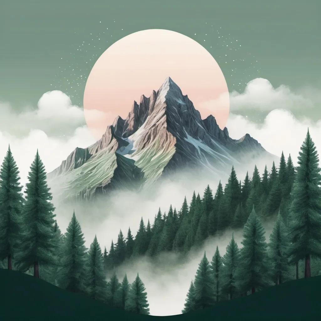 Prompt: Dreamy mountain with evergreen trees illustrated 