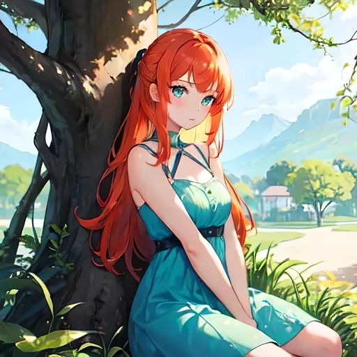 Prompt: 1girl, sitting beneth tree, looking at viewer, in a blue summer dress, green eyes, ginger hair, masterpiece, best quality