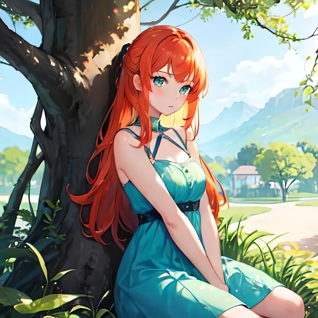 Prompt: 1girl, sitting beneth tree, looking at viewer, in a blue summer dress, green eyes, ginger hair, masterpiece, best quality