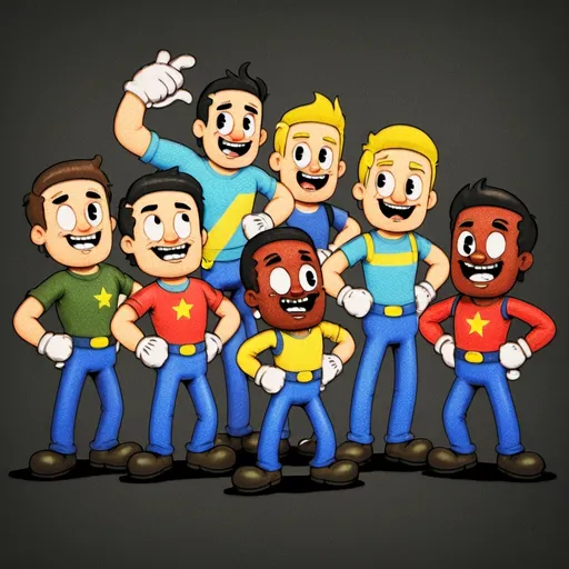 Prompt: thumbnail of a cartoon youtube video about a squad of heroes of smiles, but make it like an old sitcom style, make it vibrant, funny and humorous, every character has their own distinctive look, they dont look like each other. MAKE THEM DIFFERENT DUDE, I MEAN THEIR FACES BRO