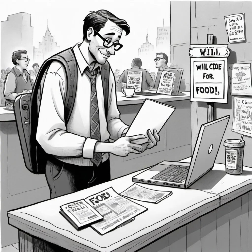 Prompt: A black and white cartoon in the style of the New Yorker magazine. A man dressed in shabby clothes with a laptop computer, a tip jar, and a sign that says "will code for food".