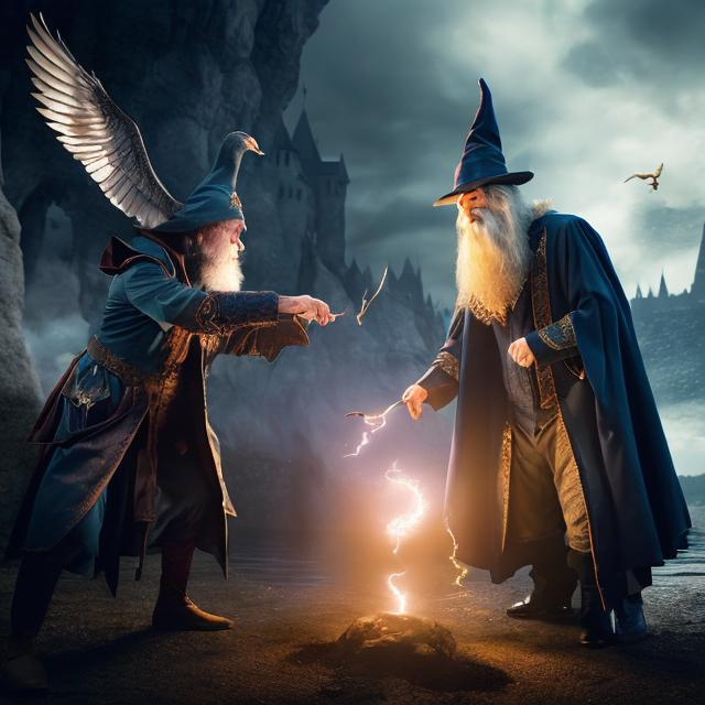 Prompt: A wizard duelling a magical goose, high quality, detailed, fantasy, dramatic lighting, realistic atmospheric, majestic,  dynamic pose, professional, dramatic tones, fantasy art