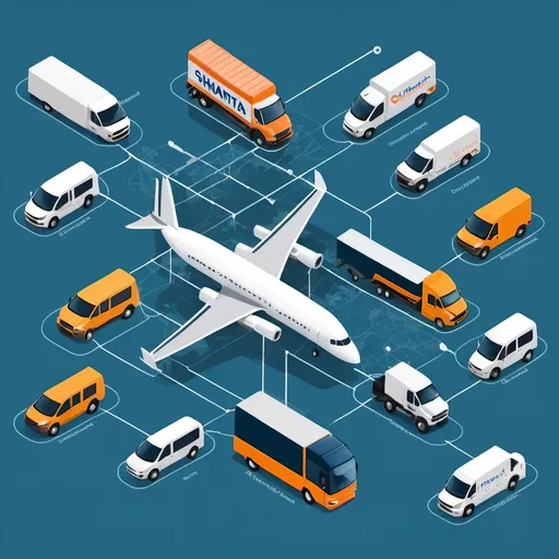 Prompt: "Create a high-resolution 2D illustration showing a digital network of transport and logistics agents, businesses using ShipMantra's tech, transport companies, and direct customers. Illustrate the interconnected network of these four groups in a clear and understandable way."
