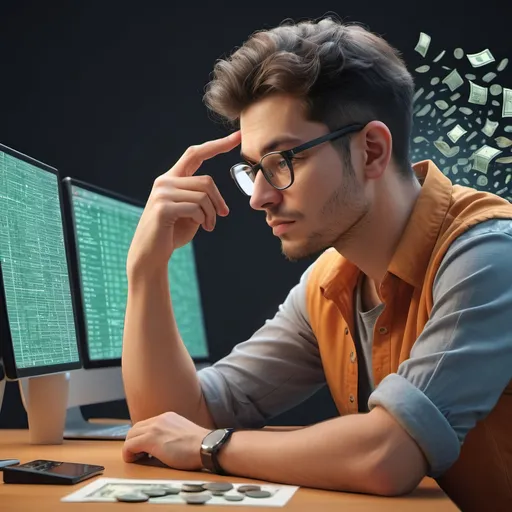 Prompt: a male person software engineer thinking about money in an illustrator in 4k